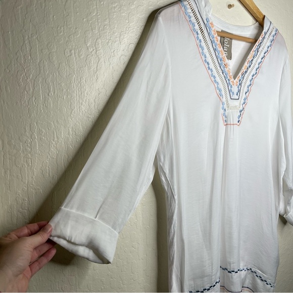Dolan Left Coast Collection Flowy Long Tunic Top White Embroidered Size L Boho - Picture 3 of 10